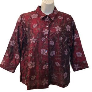 Vintage Coldwater Creek Women's Maroon Silk Floral Collared Button Shirt Small